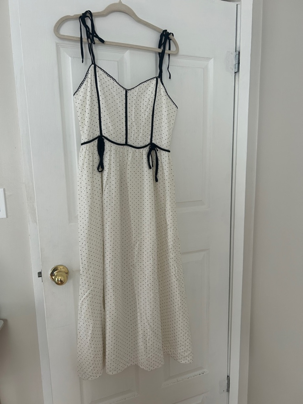 Storia Cream Polka Dot Midi Dress with Black Trim